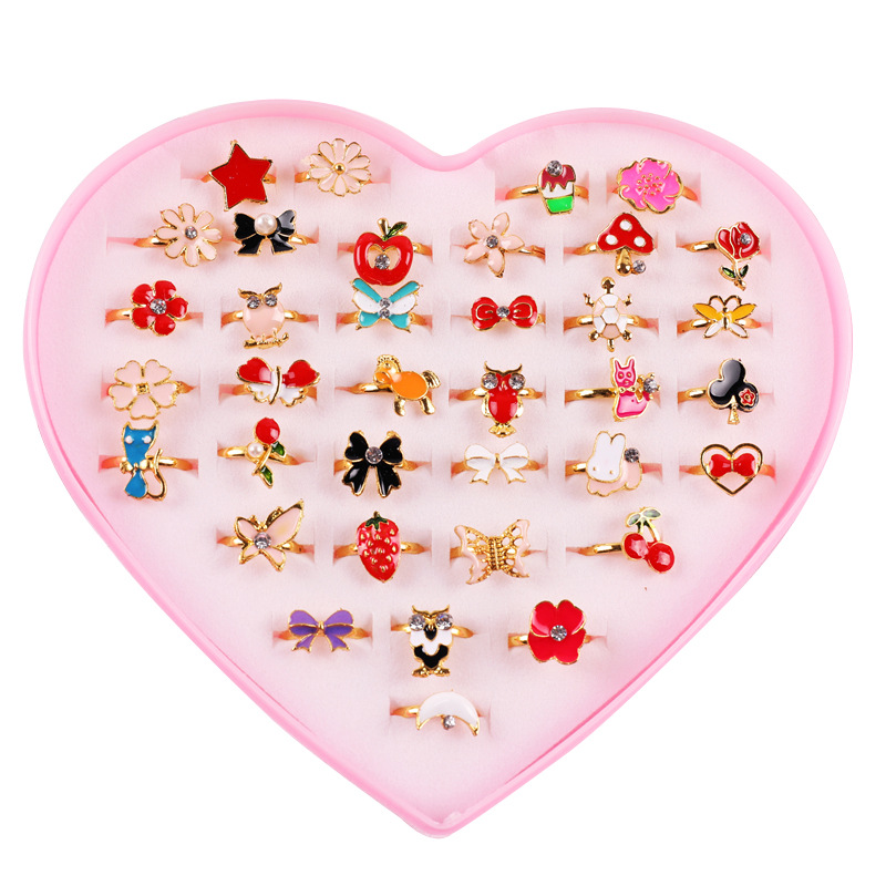 Traje de anillo para niños, anillo de aleación para niña, exquisito, caja de amor ajustable, conjunto de 36 piezas, anillo de caja de amor - Image 5