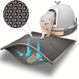 Pieviev Alfombra Estera Arena Gatos 61x38cm Doble Capa Impermeable Alta Elástico EVA Adecuado para Arenero Autolimpiable Cubierto, Fácil de Limpiar - Gris
