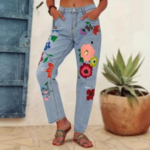 PD08495 # Comercio exterior europeo y americano, pantalones vaqueros elegantes con estampado de flores para mujer